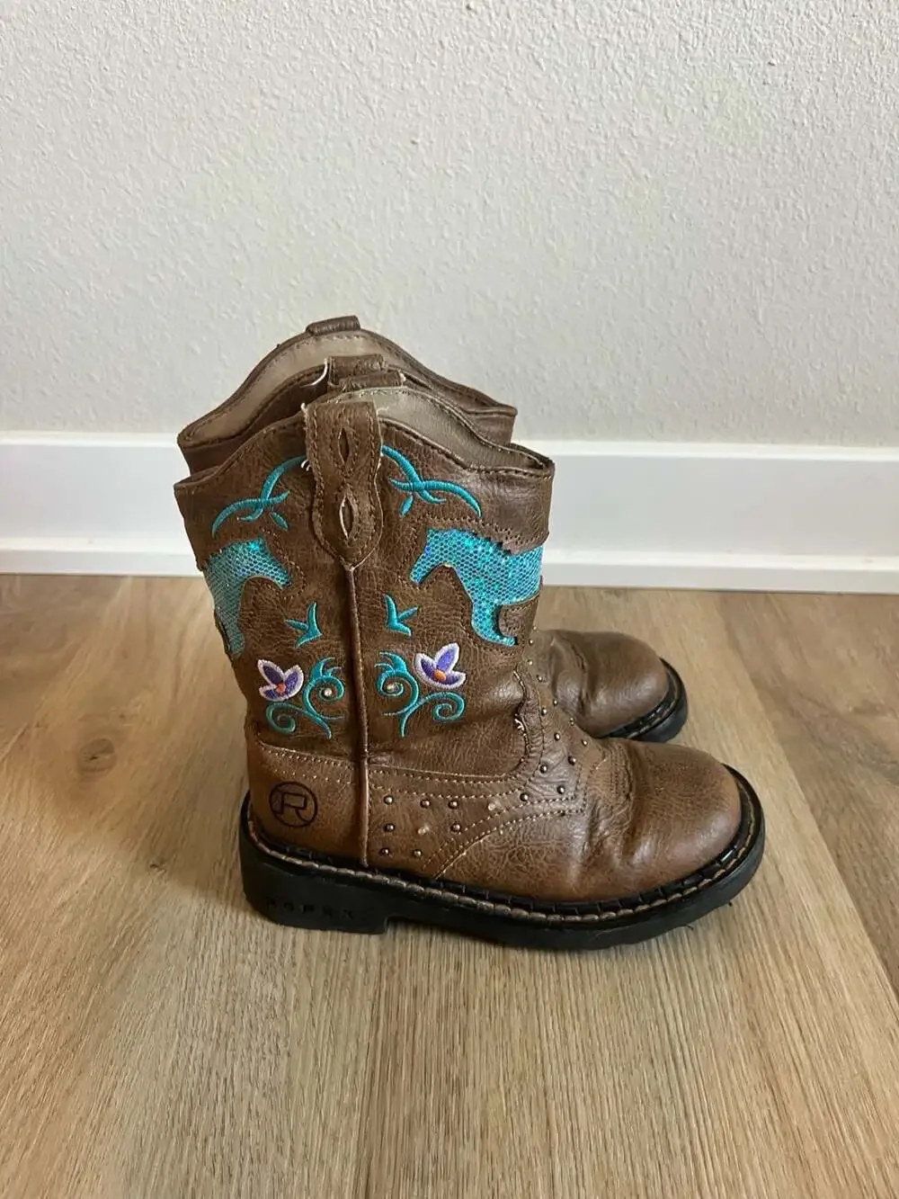 Romper, Toddler Girls Light Up Studded Sequence Cowgirl Boots, Brown/Blue, 11C